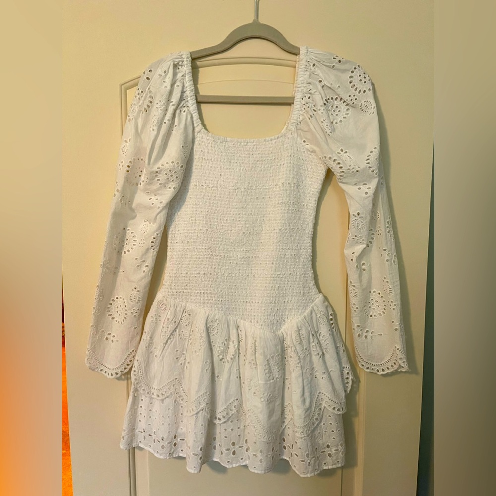 LoveShackFancy smocked long sleeve mini dress -white XS